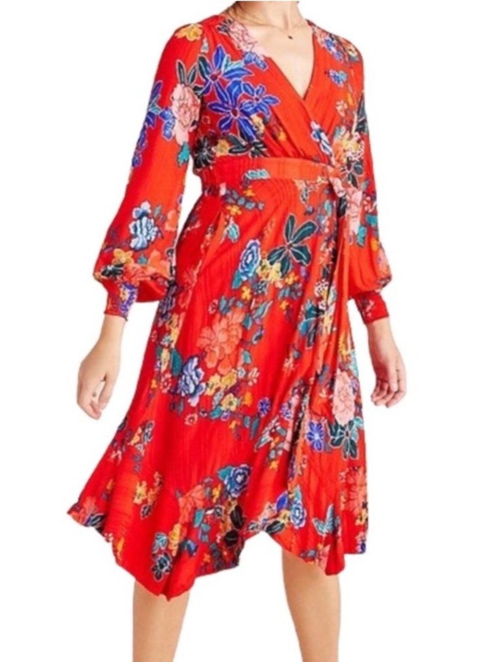 ANTHROPOLOGIE Boswell Collection Red Floral Wrap Midi Dress 14/16W